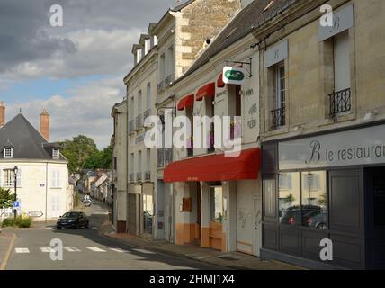 La Chartre, France, 08-01-2021 town center square with shops and restaurants Stock Photo