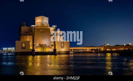 Doha,qatar- December 14,2021 : Qatar museum during night, hot with long exposure at night. Stock Photo