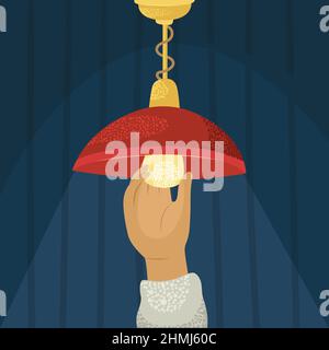 Vector illustration of a man screwing a light bulb into a chandelier. Stock Vector