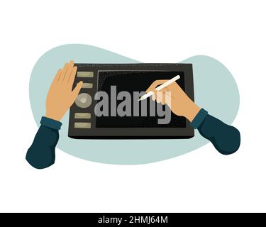 Vector illustration of an illustrator working on a graphic tablet. The profession of a graphic designer. Stock Vector