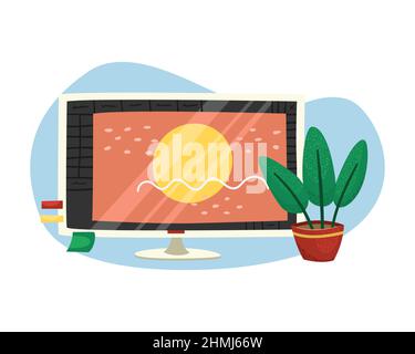 Vector illustration of a computer monitor with a graphic editor enabled. Software. The profession of a graphic designer. Stock Vector