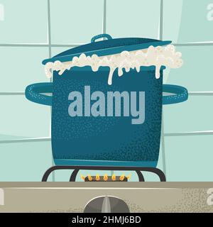Vector illustration of a pan with boiling liquid on the hob of a kitchen stove. Stock Vector