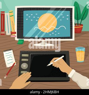 Vector illustration of an illustrator working on a graphic tablet with a monitor. The profession of a graphic designer. Stock Vector