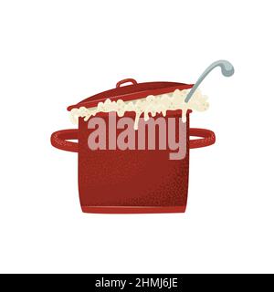 Vector illustration of a pan with boiling liquid and a ladle inside. Stock Vector