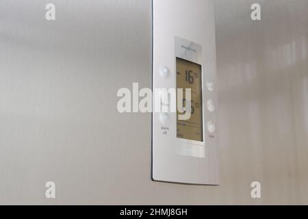Close-up of a modern refrigerator temperature control panel showing minus 16 degrees of the freezer and 6 degrees of the refrigerator Stock Photo