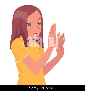 Scared, depressed, sad girl looks lonely.Vector illustration of helpless, frightened child.Worry Stock Vector