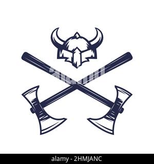 Vikings helmet and crossed axes on white Stock Vector
