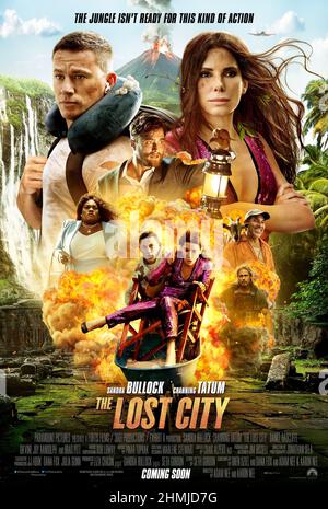 The Lost City (2022) directed by Aaron Nee and Adam Nee and starring Brad Pitt, Sandra Bullock and Channing Tatum. A reclusive romance novelist on a book tour with her cover model gets swept up in a kidnapping attempt that lands them both in a cutthroat jungle adventure. Stock Photo