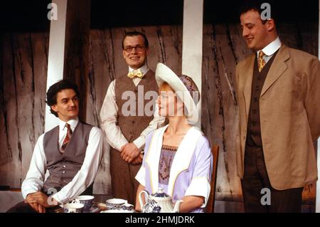 l-r: Gareth Tudor Price (Beauchamp, younger), Karl James (Martello, younger), Sarah Woodward (Sophie), John Warnaby (Donner, younger) in ARTIST DESCENDING A STAIRCASE by Tom Stoppard at the King's Head Theatre Club, London N1  02/08/1988  set design: Martin Chitty  costumes: Tim Heywood  director: Tim Luscombe Stock Photo