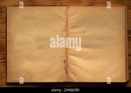 An old unfolded, tattered and yellowed book with blank pages. Stock Photo