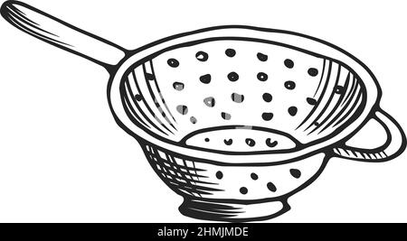 Strainer sketch. Long handle colander. Steel mesh cooking tool Stock Vector