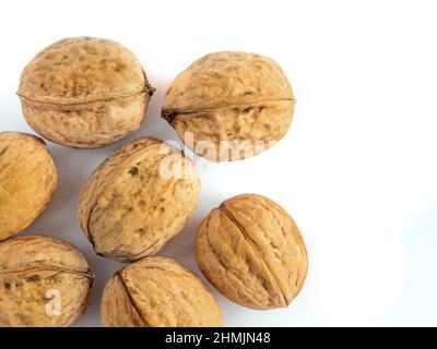 Whole solid walnuts on white background Stock Photo