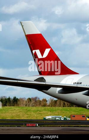 Nordwind Airlines Airbus A330-300 tail at Birmingham Airport, UK (VP-BUM) Stock Photo