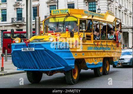 London Duck Tours amphibious vehicle with passengers in Central London, London, England, United Kingdom Stock Photo