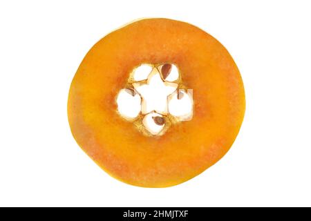 Quince, cut in half. Inside the longitudinal section, it has the shape of a star. A round piece of fruit on a white isolated background. High quality photo Stock Photo