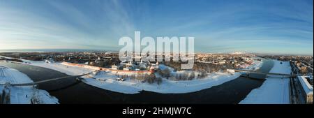 Panorama of the city of Veliky Novgorod in the north of Russia. Aerial photography. High quality photo Stock Photo