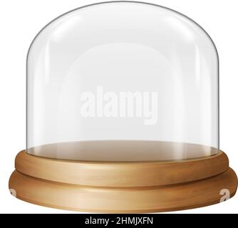 Glass container on wooden tray. Realistic dome mockup isolated on white background Stock Vector