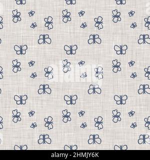 Farmhouse blue butterfly linen seamless pattern. Tonal french country cottage style farm animal background. Simple vintage rustic fabric textile Stock Photo