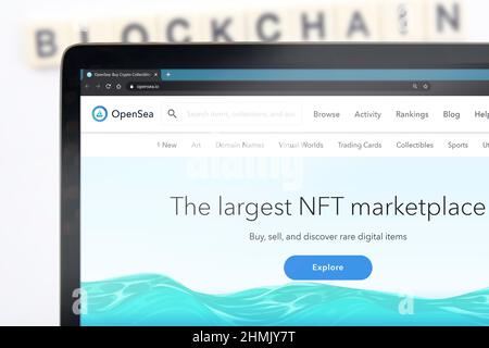 NY, March 11, 2021: Opensea is the largest NFT marketplace. Non fungible tokens are unique tokens or digital assets that are traded because of their u Stock Photo