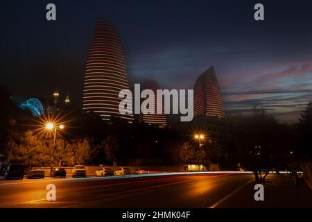 Baku, Azerbaijan - January 03 2022- Panoramic city view  at night with long exposure Stock Photo