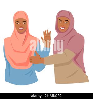 Arabian muslim women in hijab, two friends, flat vector illustration isolated. Stock Vector