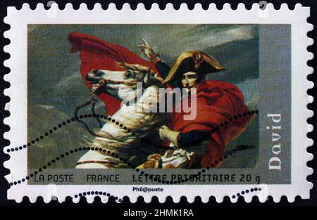FRANCE - CIRCA 2008: a stamp printed in France shows Bonaparte Crossing the St. Bernard, painting by Jacques-Louis David, French painter, circa 2008 Stock Photo