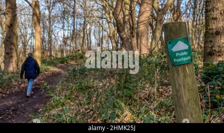 Public Footpath sign in Ken Hill woods, Norfolk, on a fine day in February. Stock Photo