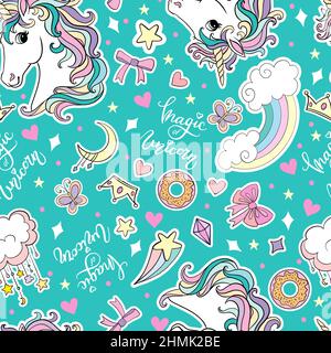 Cute unicorns heads, lettering and magic elements and rainbows seamless pattern on turquoise background. Vector illustration for print, wallpaper, des Stock Vector