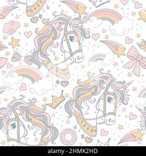 Cute unicorn heads, magic and cosmic elements seamless pattern on white background. Vector illustration for print, wallpaper, design, decor, goods, be Stock Vector