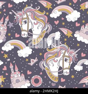 Cute unicorn heads,castle and magic elements seamless pattern on blue background. Vector illustration for print, wallpaper, design, decor, goods, bed Stock Vector