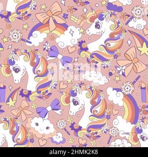 Cute unicorn heads, magic elements and rainbows seamless pattern on pink background. Vector illustration for print, wallpaper, design, decor, goods, b Stock Vector
