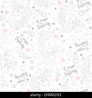 Cute unicorns heads, lettering and magic elements seamless pattern on white background. Vector illustration for print, wallpaper, design, decor, goods Stock Vector