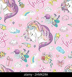 Cute funny unicorn heads and magic elements seamless pattern on pink background. Vector illustration for print, wallpaper, design, decor, goods, bed l Stock Vector