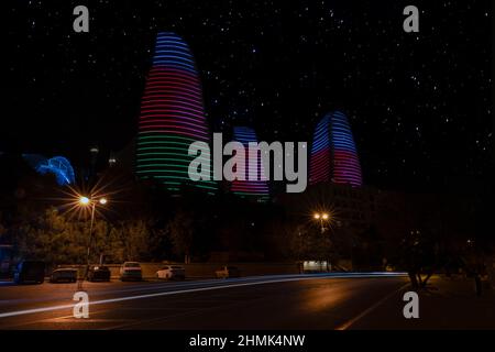 Baku, Azerbaijan - January 03 2022- Panoramic city view  at night with long exposure Stock Photo