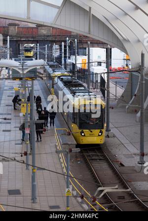 Manchester Metrolink  Bombarder Flexity Swift M5000 tram at Manchester Victoria railway station Stock Photo