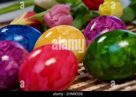 Selective focus shot of painted eggs on a table Stock Photo