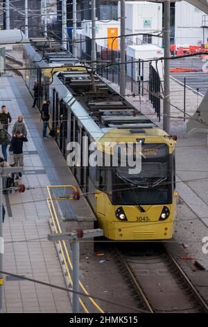 Manchester Metrolink  Bombarder Flexity Swift M5000 tram at Manchester Victoria railway station Stock Photo