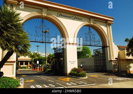 paramount Pictures front gates, the entrance at Melrose, is a famed symbol of Hollywood and movie making Stock Photo