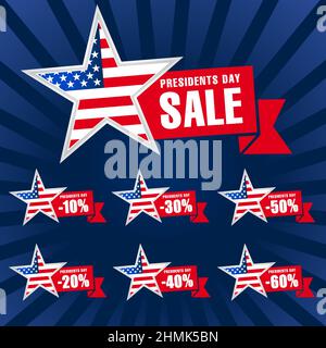 Happy President's Day USA sale banner. Isolated abstract graphic design template. Advertising creative backdrop discount icons collection and stars wi Stock Vector