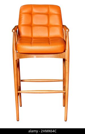 Tall comfortable wooden bar stool with seat upholstered in soft light brown leather, photographed from the front, isolated on a white background. Stock Photo