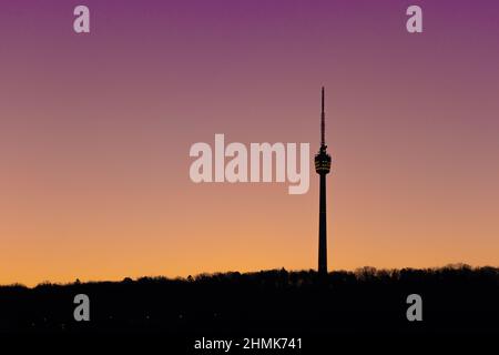 Scenic view of landmark Stuttgart TV Tower against pastel coloured clear sky, early morning, no clouds, no contrails, Dec 21, 2021 Stock Photo