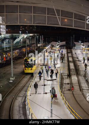 Manchester Metrolink  Bombarder Flexity Swift M5000 tram at Manchester Victoria railway station with passengers Stock Photo