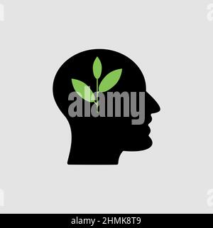 Human head black silhouette with green plant, symbol of growing mental health, or focus on ecology and sustainability Stock Vector