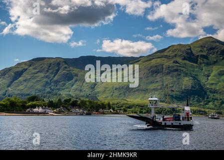 The Corran Ferry is one of few remaining scheduled mainland vehicle ferries in Scotland. The route crosses Loch Linnhe from Nether Lochaber to Ardgour Stock Photo