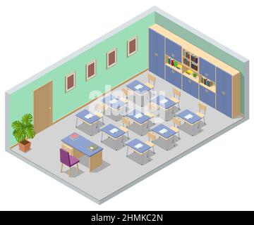 Isometric empty school classroom. Education. Classroom design with modern desks, seats and blackboard. Back to school concept. Stock Vector