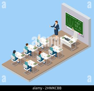 Isometric school classroom. Group of school kids with teacher sitting in classroom. Education. Classroom design with modern desks, seats and Stock Vector