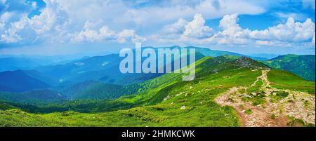Panorama from Mount Pip Ivan with a view of green slopes, lush meadows and fluffy white clouds in the sky, Chornohora Mountain Range, Carpathians, Ukr Stock Photo