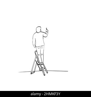 line art man on ladder writing on blank space illustration vector hand drawn isolated on white background Stock Vector