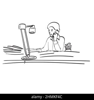 line art businessman using smartphone on messy desk illustration vector hand drawn isolated on white background Stock Vector