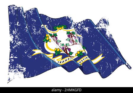 Vector Textured Grunge illustration of a Waving Flag of the State of Connecticut. All elements neatly on well-defined layers and groups. Stock Vector